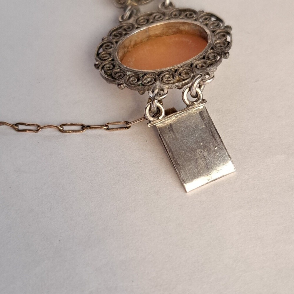 Antique Cameo Panel Silver Bracelet Filigree Italy 800 Marked Gold Chain Links - Picture 11 of 11